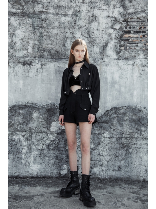 Buckle Belt Long Sleeve Black Punk Midriff Denim Dress