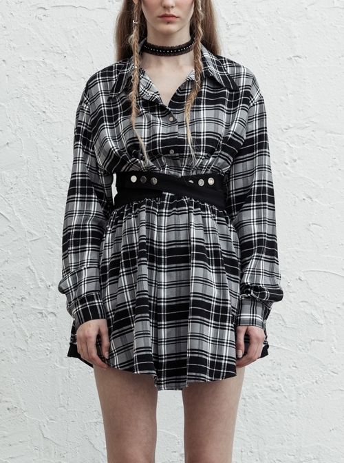 Buckle Belt Long Sleeve Black Punk Plaid Midriff Denim Dress