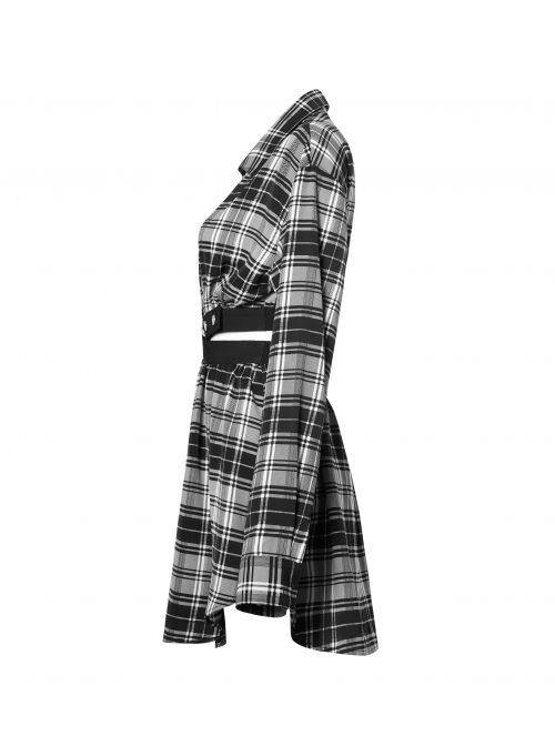 Buckle Belt Long Sleeve Black Punk Plaid Midriff Denim Dress