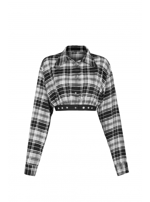 Buckle Belt Long Sleeve Black Punk Plaid Midriff Denim Dress