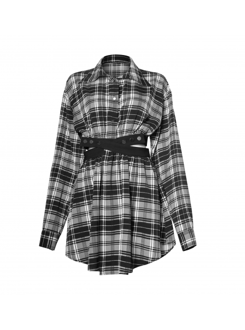 Buckle Belt Long Sleeve Black Punk Plaid Midriff Denim Dress