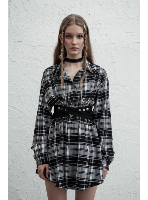 Buckle Belt Long Sleeve Black Punk Plaid Midriff Denim Dress