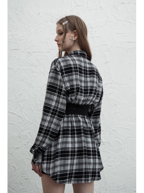 Buckle Belt Long Sleeve Black Punk Plaid Midriff Denim Dress