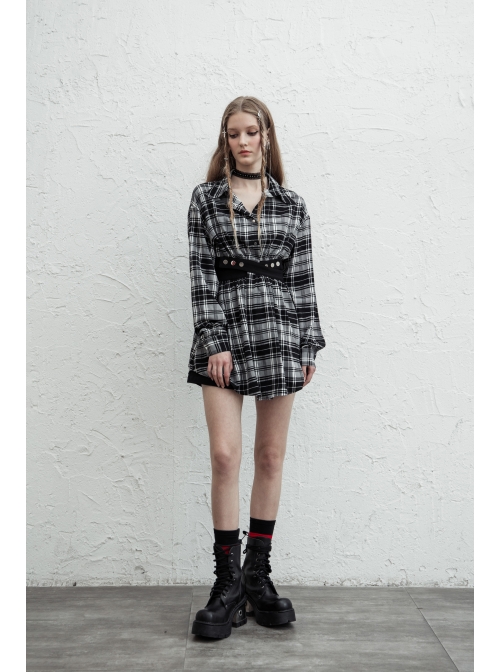 Buckle Belt Long Sleeve Black Punk Plaid Midriff Denim Dress