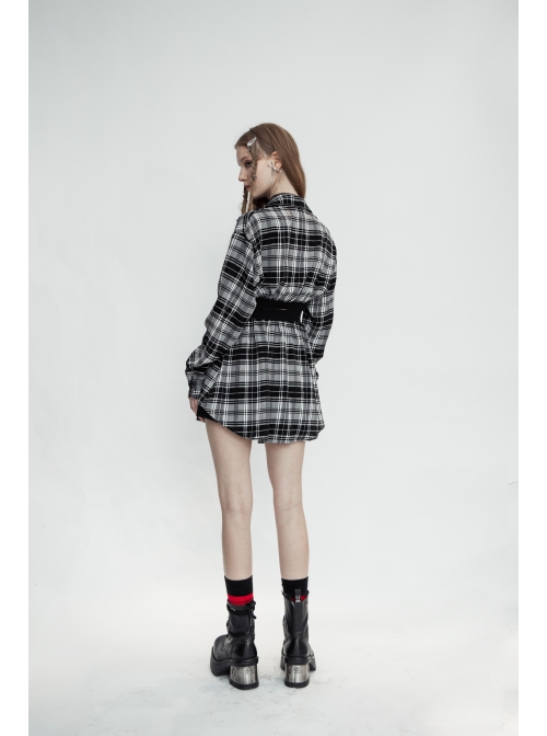 Buckle Belt Long Sleeve Black Punk Plaid Midriff Denim Dress