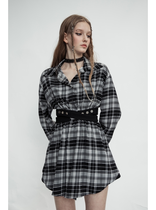 Buckle Belt Long Sleeve Black Punk Plaid Midriff Denim Dress