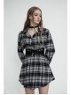 Buckle Belt Long Sleeve Black Punk Plaid Midriff Denim Dress