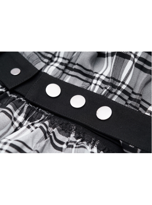 Buckle Belt Long Sleeve Black Punk Plaid Midriff Denim Dress