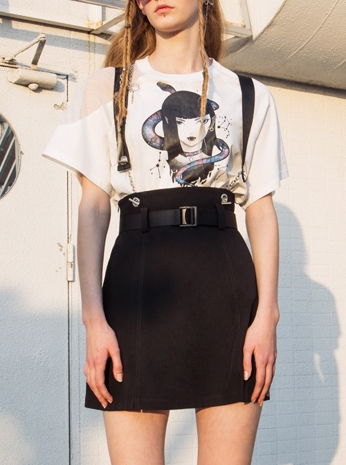 Metal Ring Shoulder-Strap Buckle Belt Split Hem Black Punk A-Shaped Skirt