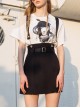 Metal Ring Shoulder-Strap Buckle Belt Split Hem Black Punk A-Shaped Skirt