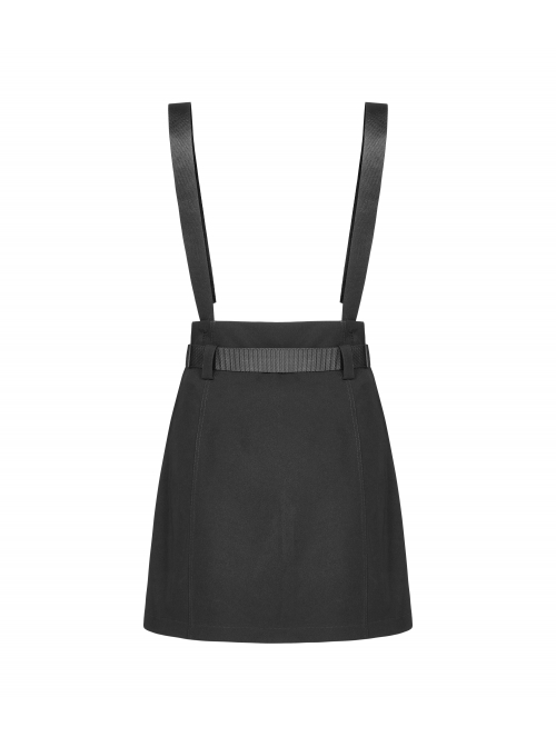 Metal Ring Shoulder-Strap Buckle Belt Split Hem Black Punk A-Shaped Skirt
