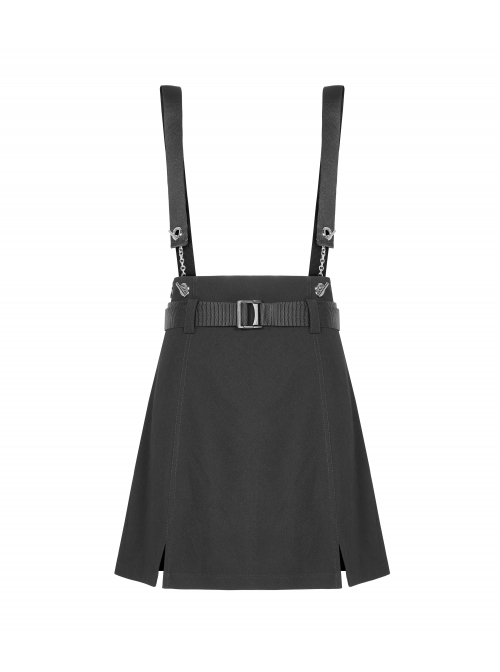 Metal Ring Shoulder-Strap Buckle Belt Split Hem Black Punk A-Shaped Skirt
