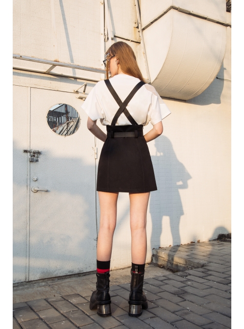 Metal Ring Shoulder-Strap Buckle Belt Split Hem Black Punk A-Shaped Skirt