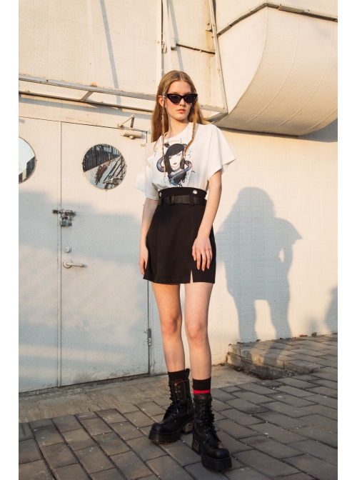 Metal Ring Shoulder-Strap Buckle Belt Split Hem Black Punk A-Shaped Skirt