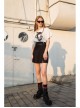 Metal Ring Shoulder-Strap Buckle Belt Split Hem Black Punk A-Shaped Skirt
