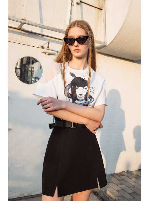 Metal Ring Shoulder-Strap Buckle Belt Split Hem Black Punk A-Shaped Skirt