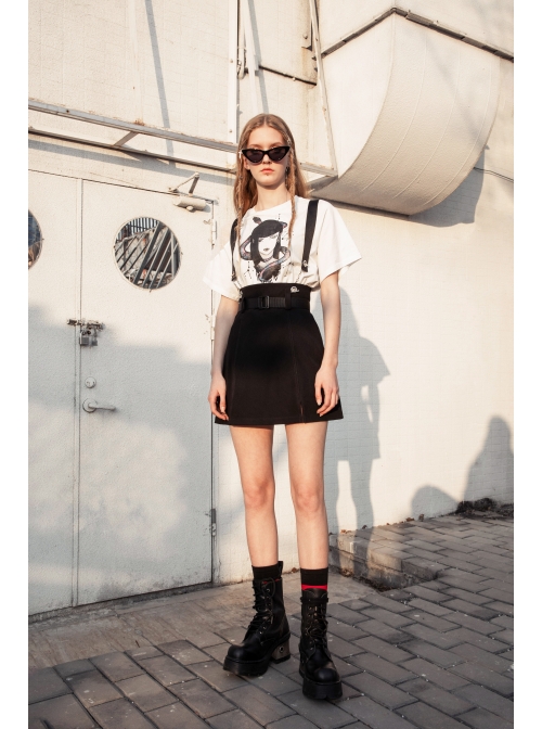 Metal Ring Shoulder-Strap Buckle Belt Split Hem Black Punk A-Shaped Skirt