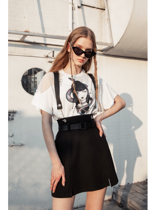 Metal Ring Shoulder-Strap Buckle Belt Split Hem Black Punk A-Shaped Skirt