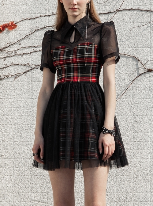 Lining Collar Short Sleeve Splice Mesh Black And Red Plaid Punk A-Shaped Dress