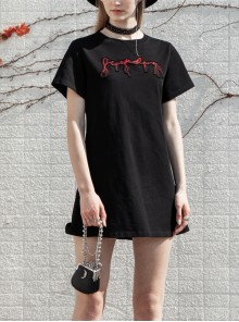 Thread Neck Front Chest Embroidery Short Sleeve Black Punk Dress