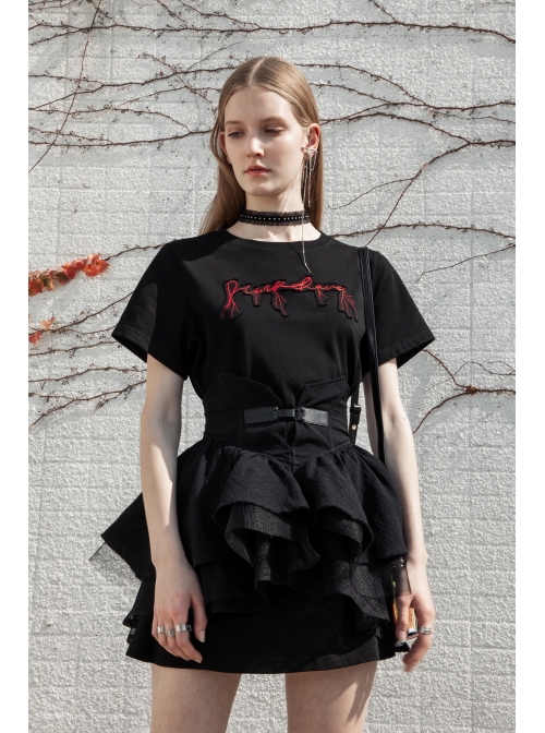 Thread Neck Front Chest Embroidery Short Sleeve Black Punk Dress