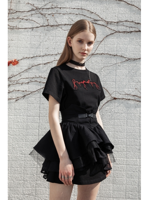 Thread Neck Front Chest Embroidery Short Sleeve Black Punk Dress