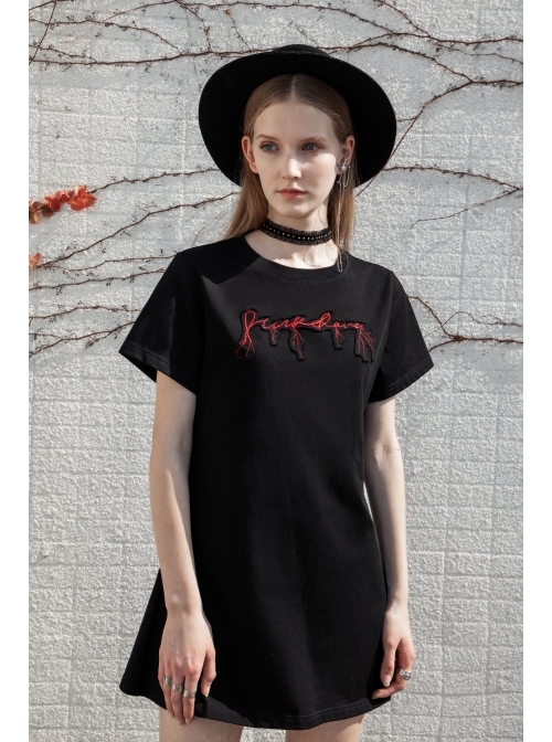 Thread Neck Front Chest Embroidery Short Sleeve Black Punk Dress