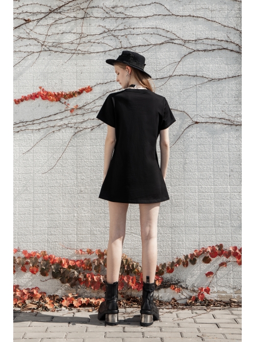Thread Neck Front Chest Embroidery Short Sleeve Black Punk Dress