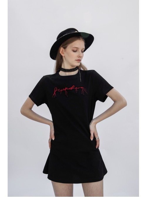 Thread Neck Front Chest Embroidery Short Sleeve Black Punk Dress