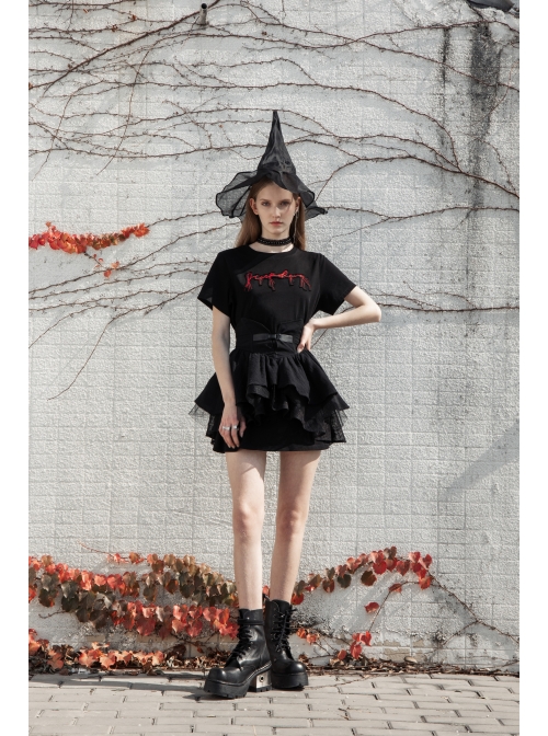Thread Neck Front Chest Embroidery Short Sleeve Black Punk Dress