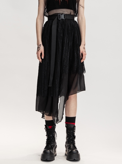 Metal Buckle Belt Irregular Hem Black Punk Chiffon Lace Skirt