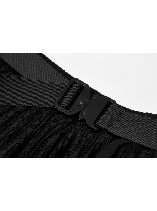 Metal Buckle Belt Irregular Hem Black Punk Chiffon Lace Skirt