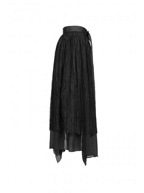 Metal Buckle Belt Irregular Hem Black Punk Chiffon Lace Skirt