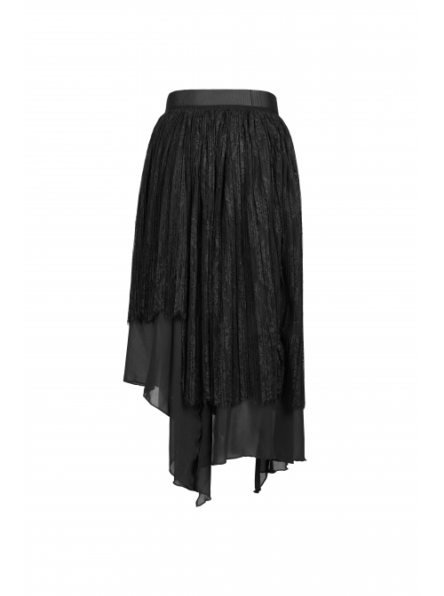Metal Buckle Belt Irregular Hem Black Punk Chiffon Lace Skirt