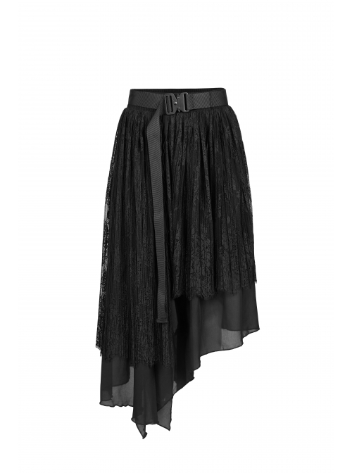 Metal Buckle Belt Irregular Hem Black Punk Chiffon Lace Skirt