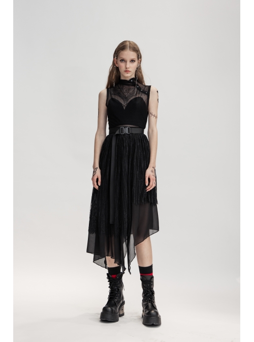 Metal Buckle Belt Irregular Hem Black Punk Chiffon Lace Skirt