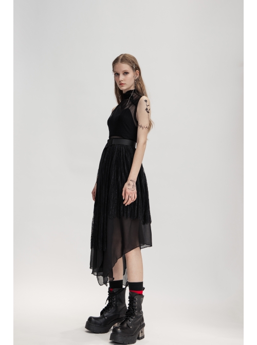 Metal Buckle Belt Irregular Hem Black Punk Chiffon Lace Skirt