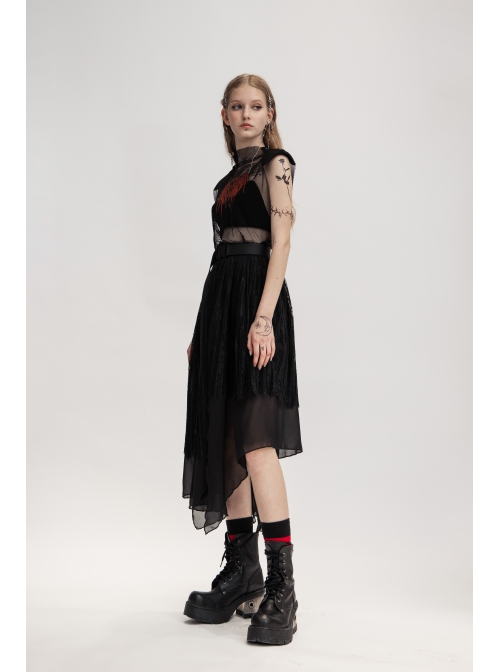 Metal Buckle Belt Irregular Hem Black Punk Chiffon Lace Skirt