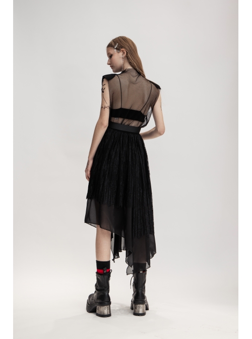 Metal Buckle Belt Irregular Hem Black Punk Chiffon Lace Skirt