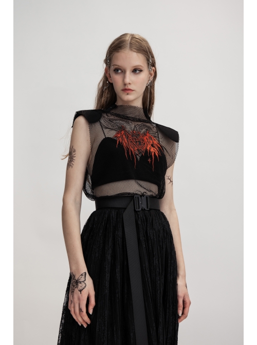 Metal Buckle Belt Irregular Hem Black Punk Chiffon Lace Skirt