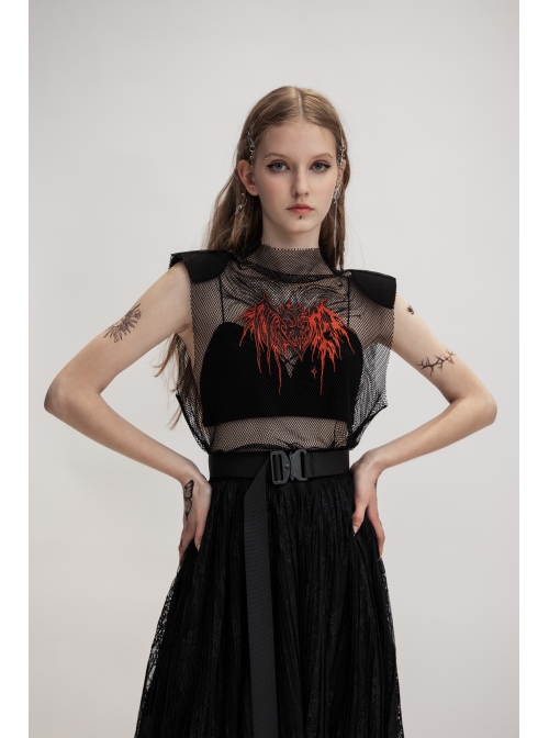 Metal Buckle Belt Irregular Hem Black Punk Chiffon Lace Skirt