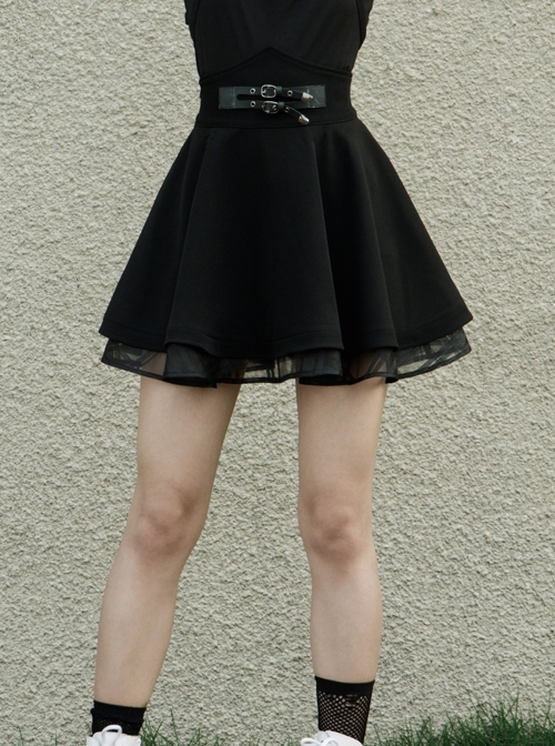 Front Metal Buckle Loops High Waist Splice Mesh Black Punk Short Skirt