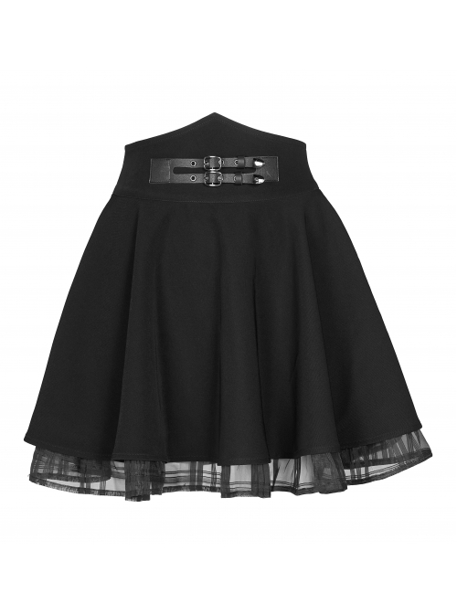 Front Metal Buckle Loops High Waist Splice Mesh Black Punk Short Skirt