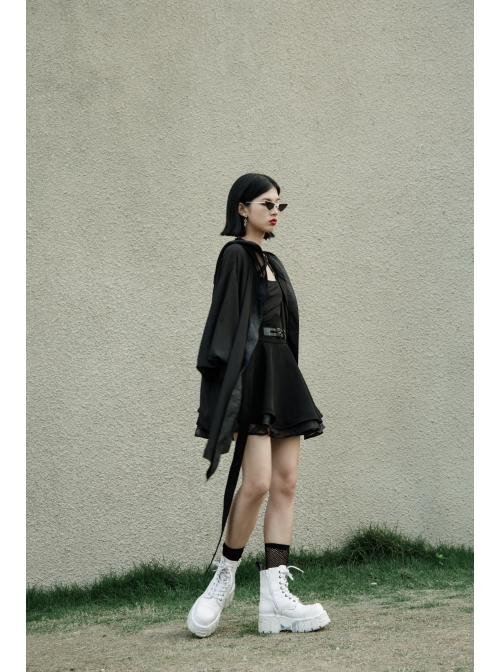 Front Metal Buckle Loops High Waist Splice Mesh Black Punk Short Skirt