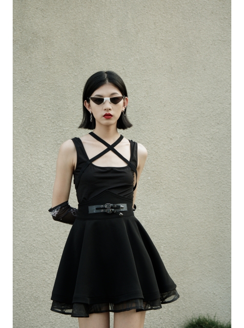 Front Metal Buckle Loops High Waist Splice Mesh Black Punk Short Skirt