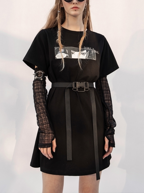 Front Chest Print Mesh Sleeve Buckle Belt Black Punk Dress