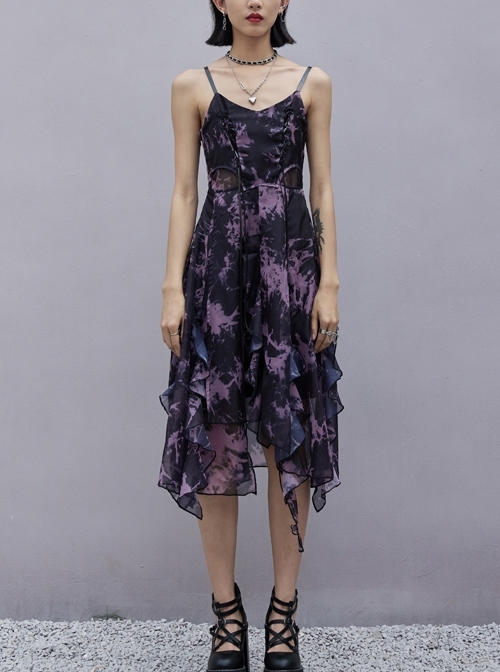 Front Chest Lace-Up Irregularly Stitched Agaric Laces Hem Purple Print Chiffon Sling Dress