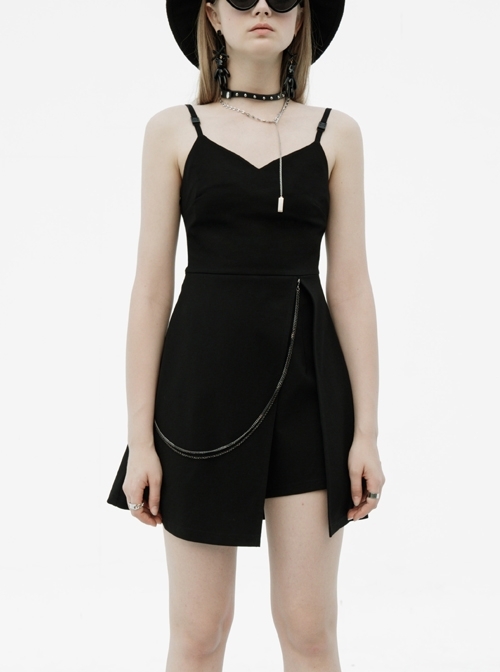 Side Metal Chain Decoration Split Hem Black Punk Sling Short Dress