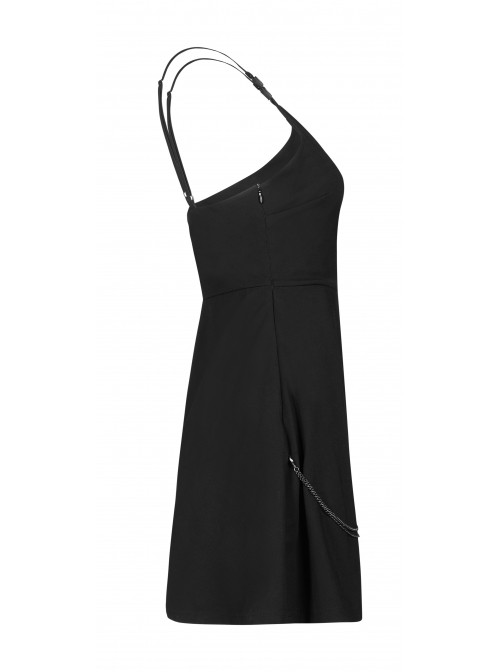 Side Metal Chain Decoration Split Hem Black Punk Sling Short Dress