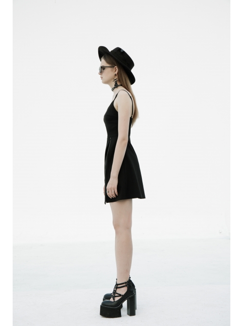Side Metal Chain Decoration Split Hem Black Punk Sling Short Dress